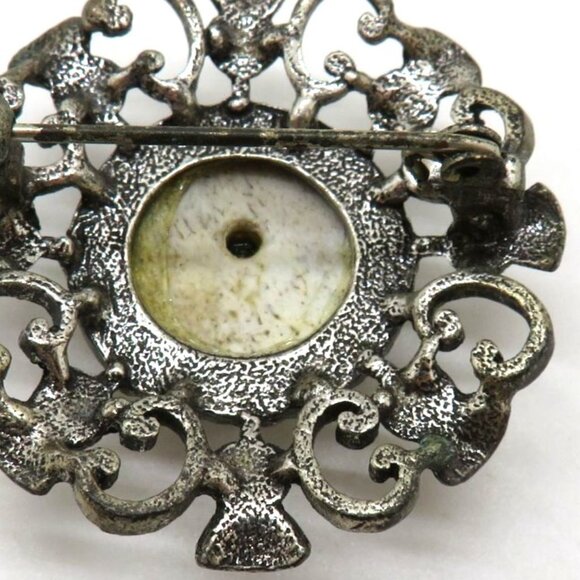 Vintage Deer Antler Brooch Green Gem Silver Tone 1.5" Ornate Metalwork - Picture 7 of 9